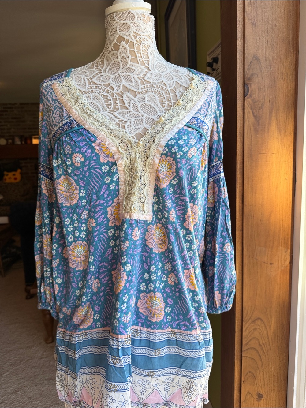 Free People Teal Floral Lace-Trim Boho Tunic